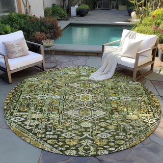 Piper Looms Chantille Aztec ACN1834 Olive Machine Washable Area Rug Round Outdoor Lifestyle Image Feature
