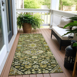 Piper Looms Chantille Aztec ACN1834 Olive Machine Washable Area Rug Runner Outdoor Lifestyle Image Feature