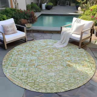 Piper Looms Chantille Aztec ACN1834 Sage Machine Washable Area Rug Round Outdoor Lifestyle Image Feature