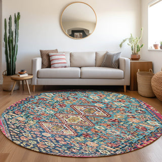 Piper Looms Chantille Aztec ACN1834 Teal Machine Washable Area Rug Round Lifestyle Image Feature