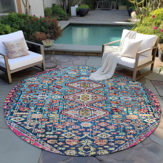 Piper Looms Chantille Aztec ACN1834 Teal Machine Washable Area Rug Round Outdoor Lifestyle Image Feature