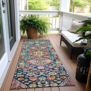 Piper Looms Chantille Aztec ACN1834 Teal Machine Washable Area Rug Runner Outdoor Lifestyle Image Feature