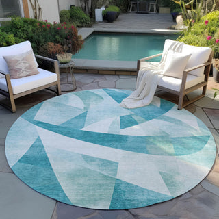 Piper Looms Chantille Swirls ACN1836 Teal Machine Washable Area Rug Round Outdoor Lifestyle Image Feature