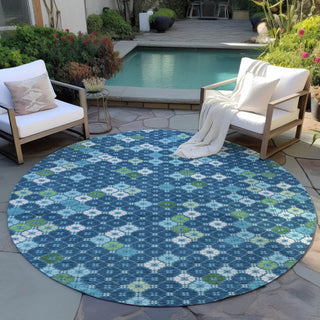 Piper Looms Chantille Geometric ACN1837 Navy Machine Washable Area Rug Round Outdoor Lifestyle Image Feature