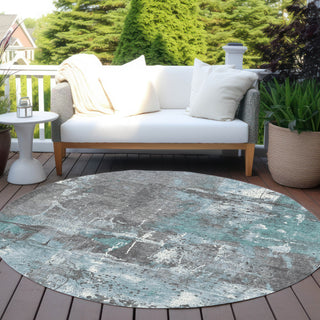 Piper Looms Chantille Abstract ACN1839 Teal Machine Washable Area Rug Round Outdoor Lifestyle Image Feature