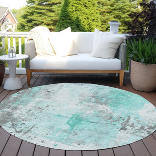 Piper Looms Chantille Abstract ACN1840 Teal Machine Washable Area Rug Round Outdoor Lifestyle Image Feature