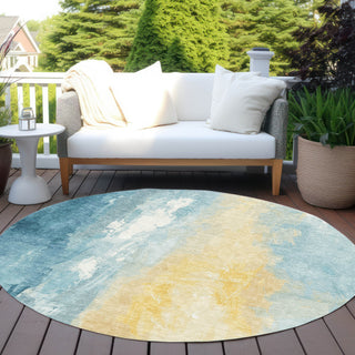 Piper Looms Chantille Abstract ACN1844 Teal Machine Washable Area Rug Round Outdoor Lifestyle Image Feature