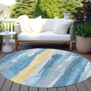 Piper Looms Chantille Abstract ACN1845 Blue Machine Washable Area Rug Round Outdoor Lifestyle Image Feature