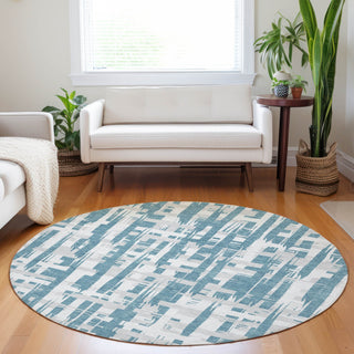 Piper Looms Chantille Stripes ACN1849 Teal Machine Washable Area Rug Round Lifestyle Image Feature