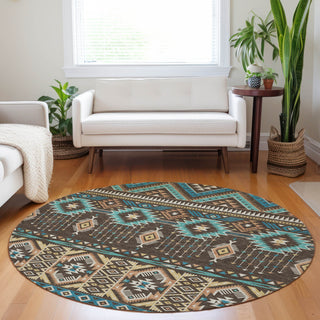 Piper Looms Chantille Aztec ACN1851 Brown Machine Washable Area Rug Round Lifestyle Image Feature