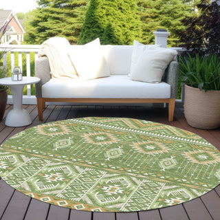 Piper Looms Chantille Aztec ACN1851 Green Machine Washable Area Rug Round Outdoor Lifestyle Image Feature