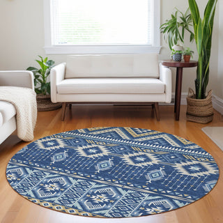 Piper Looms Chantille Aztec ACN1851 Navy Machine Washable Area Rug Round Lifestyle Image Feature
