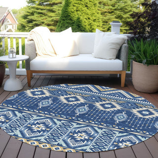 Piper Looms Chantille Aztec ACN1851 Navy Machine Washable Area Rug Round Outdoor Lifestyle Image Feature
