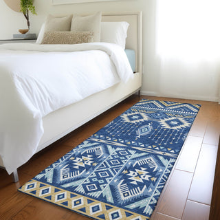 Piper Looms Chantille Aztec ACN1851 Navy Machine Washable Area Rug Runner Lifestyle Image Feature