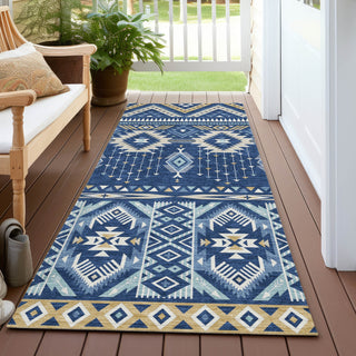 Piper Looms Chantille Aztec ACN1851 Navy Machine Washable Area Rug Runner Outdoor Lifestyle Image Feature