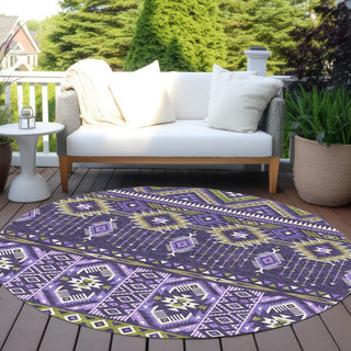 Piper Looms Chantille Aztec ACN1851 Purple Machine Washable Area Rug Round Outdoor Lifestyle Image Feature