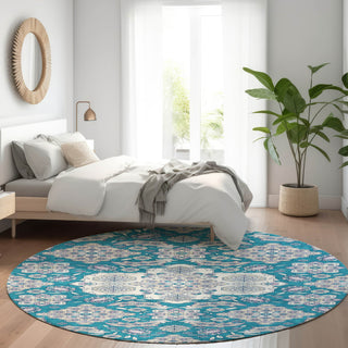 Piper Looms Chantille Global ACN1853 Teal Machine Washable Area Rug Round Lifestyle Image Feature