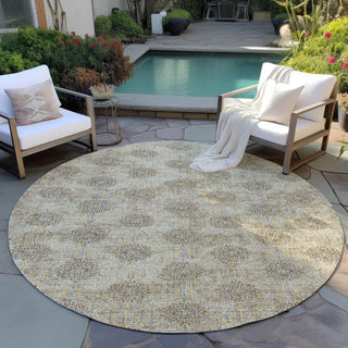 Piper Looms Chantille Damask ACN1856 Gold Machine Washable Area Rug Round Outdoor Lifestyle Image Feature