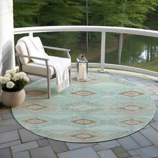 Piper Looms Chantille Aztec ACN1857 Teal Machine Washable Area Rug Round Outdoor Lifestyle Image Feature