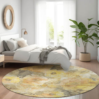 Piper Looms Chantille Floral ACN1859 Gold Machine Washable Area Rug Round Lifestyle Image Feature