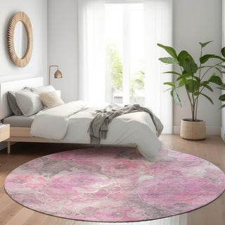 Piper Looms Chantille Floral ACN1859 Pink Machine Washable Area Rug Round Lifestyle Image Feature