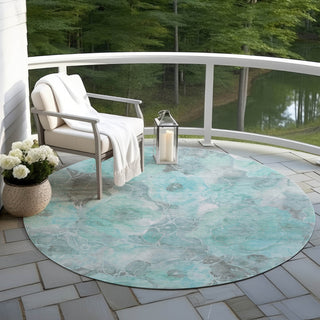 Piper Looms Chantille Floral ACN1859 Teal Machine Washable Area Rug Round Outdoor Lifestyle Image Feature