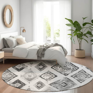 Piper Looms Chantille Aztec ACN1861 Gray Machine Washable Area Rug Round Lifestyle Image Feature