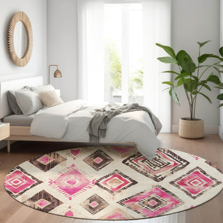 Piper Looms Chantille Aztec ACN1861 Linen Machine Washable Area Rug Round Lifestyle Image Feature
