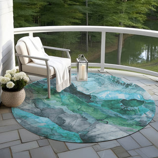 Piper Looms Chantille Floral ACN1864 Teal Machine Washable Area Rug Round Outdoor Lifestyle Image Feature