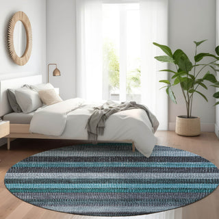 Piper Looms Chantille Stripes ACN1865 Teal Machine Washable Area Rug Round Lifestyle Image Feature