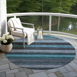 Piper Looms Chantille Stripes ACN1865 Teal Machine Washable Area Rug Round Outdoor Lifestyle Image Feature