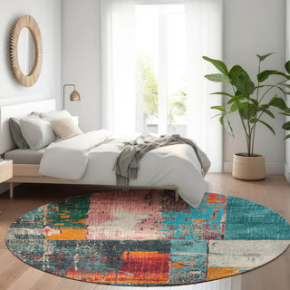 Piper Looms Chantille Abstract ACN1866 Teal Machine Washable Area Rug Round Lifestyle Image Feature