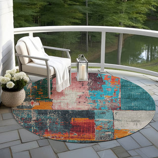 Piper Looms Chantille Abstract ACN1866 Teal Machine Washable Area Rug Round Outdoor Lifestyle Image Feature