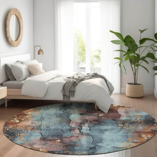 Piper Looms Chantille Floral ACN1869 Blue Machine Washable Area Rug Round Lifestyle Image Feature