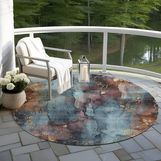Piper Looms Chantille Floral ACN1869 Blue Machine Washable Area Rug Round Outdoor Lifestyle Image Feature