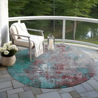 Piper Looms Chantille Abstract ACN1870 Turquoise Machine Washable Area Rug Round Outdoor Lifestyle Image Feature