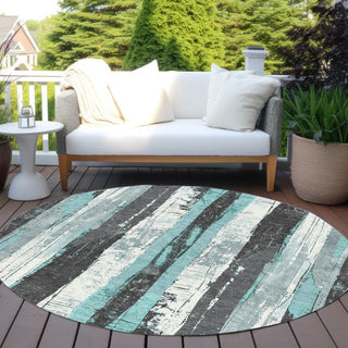 Piper Looms Chantille Stripes ACN1872 Teal Machine Washable Area Rug Round Outdoor Lifestyle Image Feature