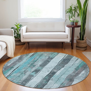 Piper Looms Chantille Stripes ACN1874 Teal Machine Washable Area Rug Round Lifestyle Image Feature
