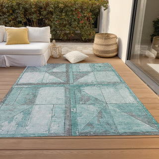 Piper Looms Chantille Geometric ACN1875 Teal Machine Washable Area Rug Outdoor Lifestyle Image Feature