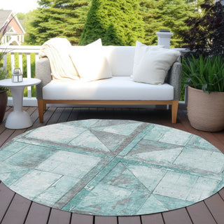 Piper Looms Chantille Geometric ACN1875 Teal Machine Washable Area Rug Round Outdoor Lifestyle Image Feature