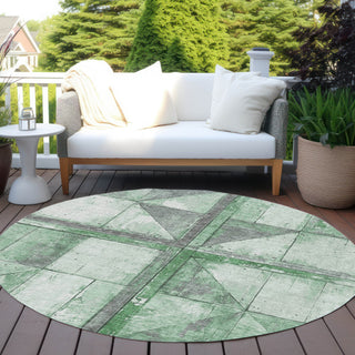 Piper Looms Chantille Geometric ACN1876 Green Machine Washable Area Rug Round Outdoor Lifestyle Image Feature