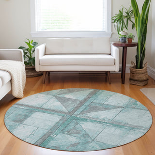 Piper Looms Chantille Geometric ACN1876 Teal Machine Washable Area Rug Round Lifestyle Image Feature