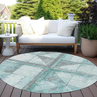 Piper Looms Chantille Geometric ACN1876 Teal Machine Washable Area Rug Round Outdoor Lifestyle Image Feature
