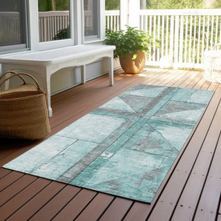 Piper Looms Chantille Geometric ACN1876 Teal Machine Washable Area Rug Runner Outdoor Lifestyle Image Feature