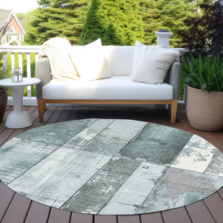 Piper Looms Chantille Geometric ACN1877 Seafoam Machine Washable Area Rug Round Outdoor Lifestyle Image Feature