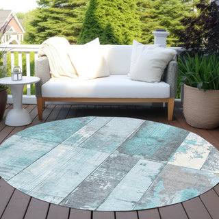 Piper Looms Chantille Geometric ACN1877 Teal Machine Washable Area Rug Round Outdoor Lifestyle Image Feature