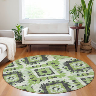 Piper Looms Chantille Aztec ACN1878 Aloe Machine Washable Area Rug Round Lifestyle Image Feature