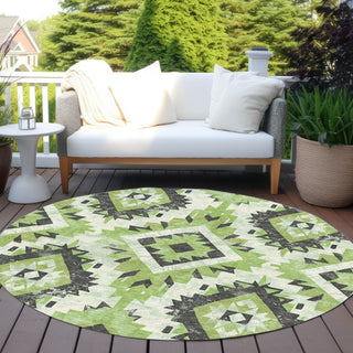 Piper Looms Chantille Aztec ACN1878 Aloe Machine Washable Area Rug Round Outdoor Lifestyle Image Feature