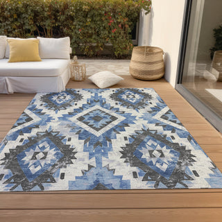 Piper Looms Chantille Aztec ACN1878 Blue Machine Washable Area Rug Outdoor Lifestyle Image Feature