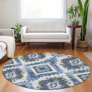 Piper Looms Chantille Aztec ACN1878 Blue Machine Washable Area Rug Round Lifestyle Image Feature